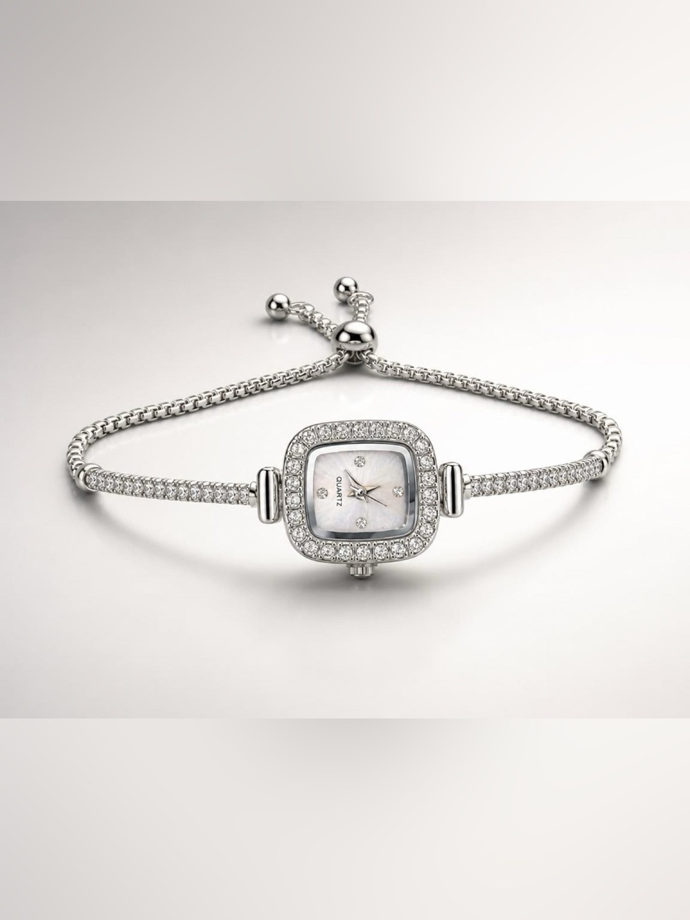 Silver Crystal-Trim Women's Bracelet Watch with Mother-of-Pearl Dial